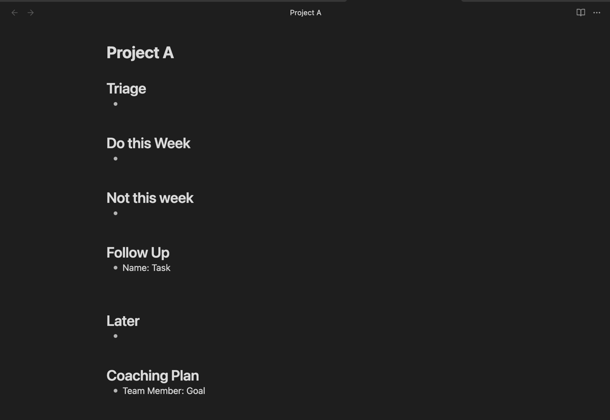 Visual representation of the project management structure within Obsidian, showing the index file setup for major projects including sections like Triage and Follow-Up.