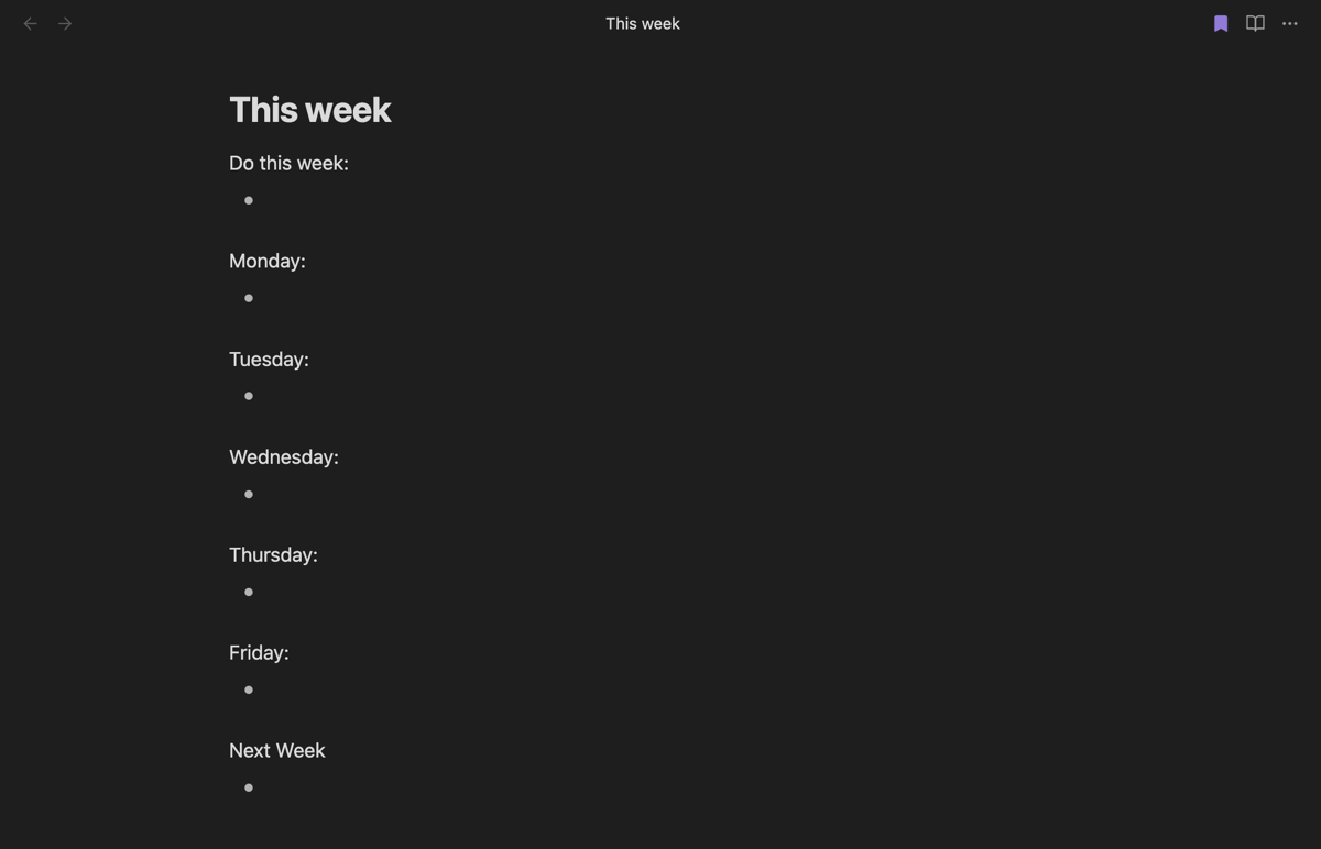 Image of the “This Week” document in Obsidian, illustrating a weekly planning method with sections for each day and areas for immediate and upcoming tasks, inspired by the Hey Calendar.