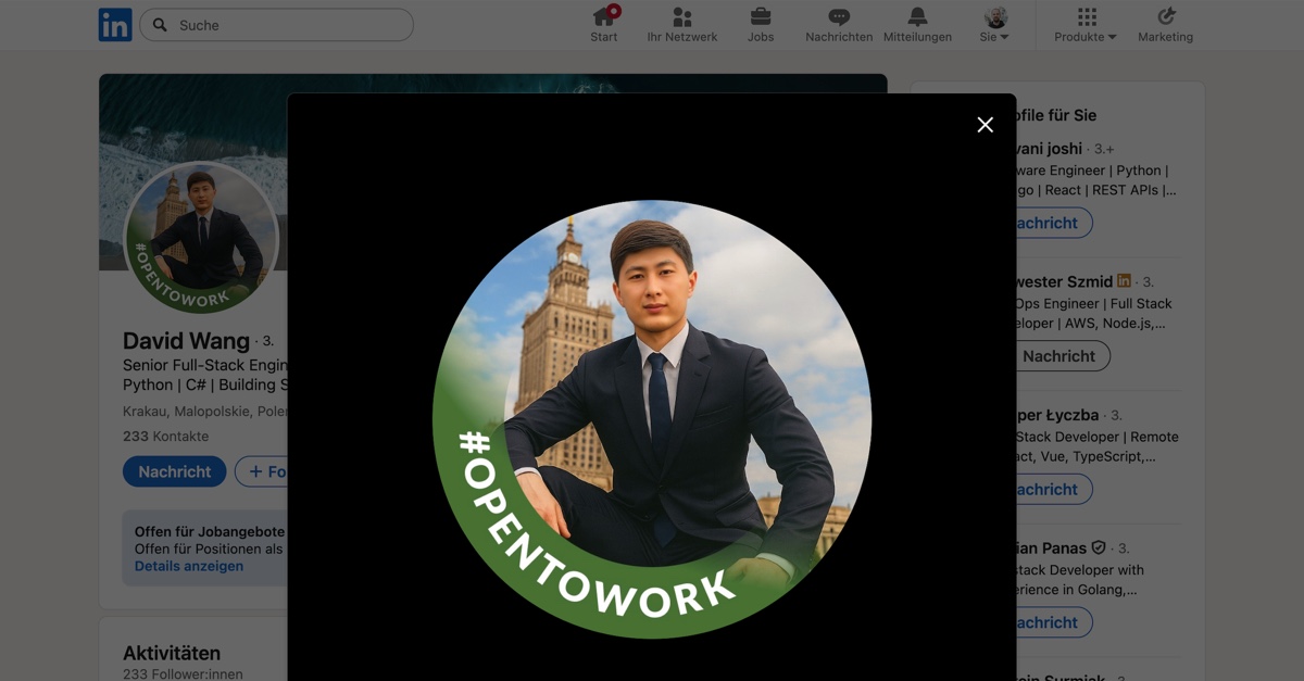 Example LinkedIn profile photo from a North Korean scammer: face-swapped, AI generated, with a Western landmark in the background.