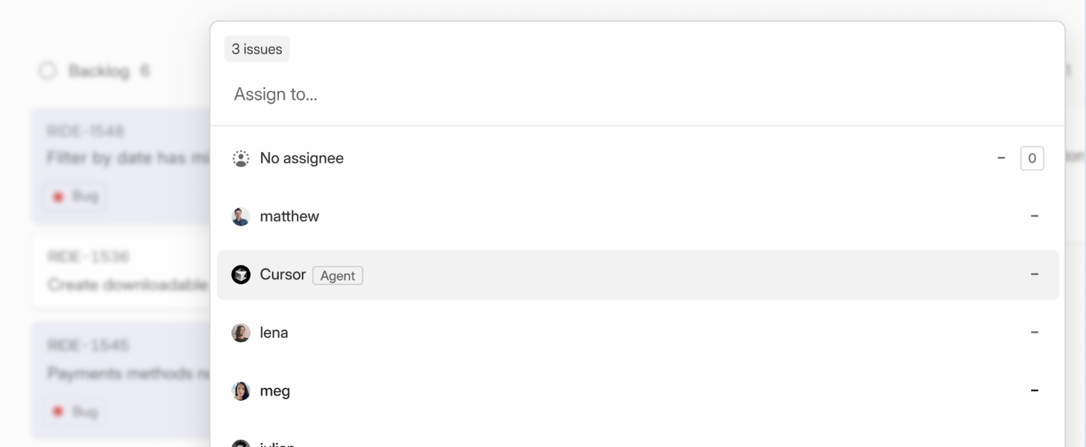 The Cursor agent in the Linear assignee picker