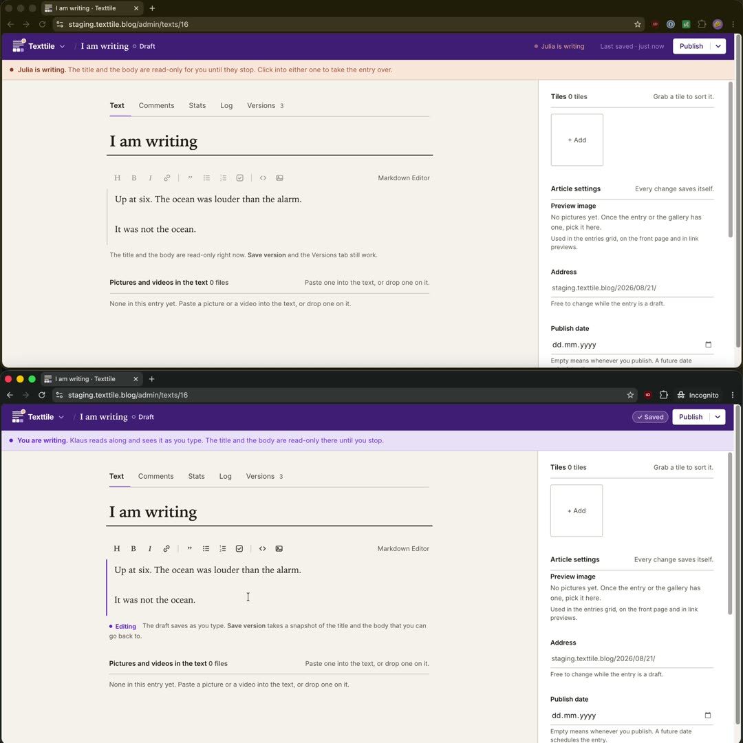 Two screens, one entry: one person writes, the other reads along and can take over