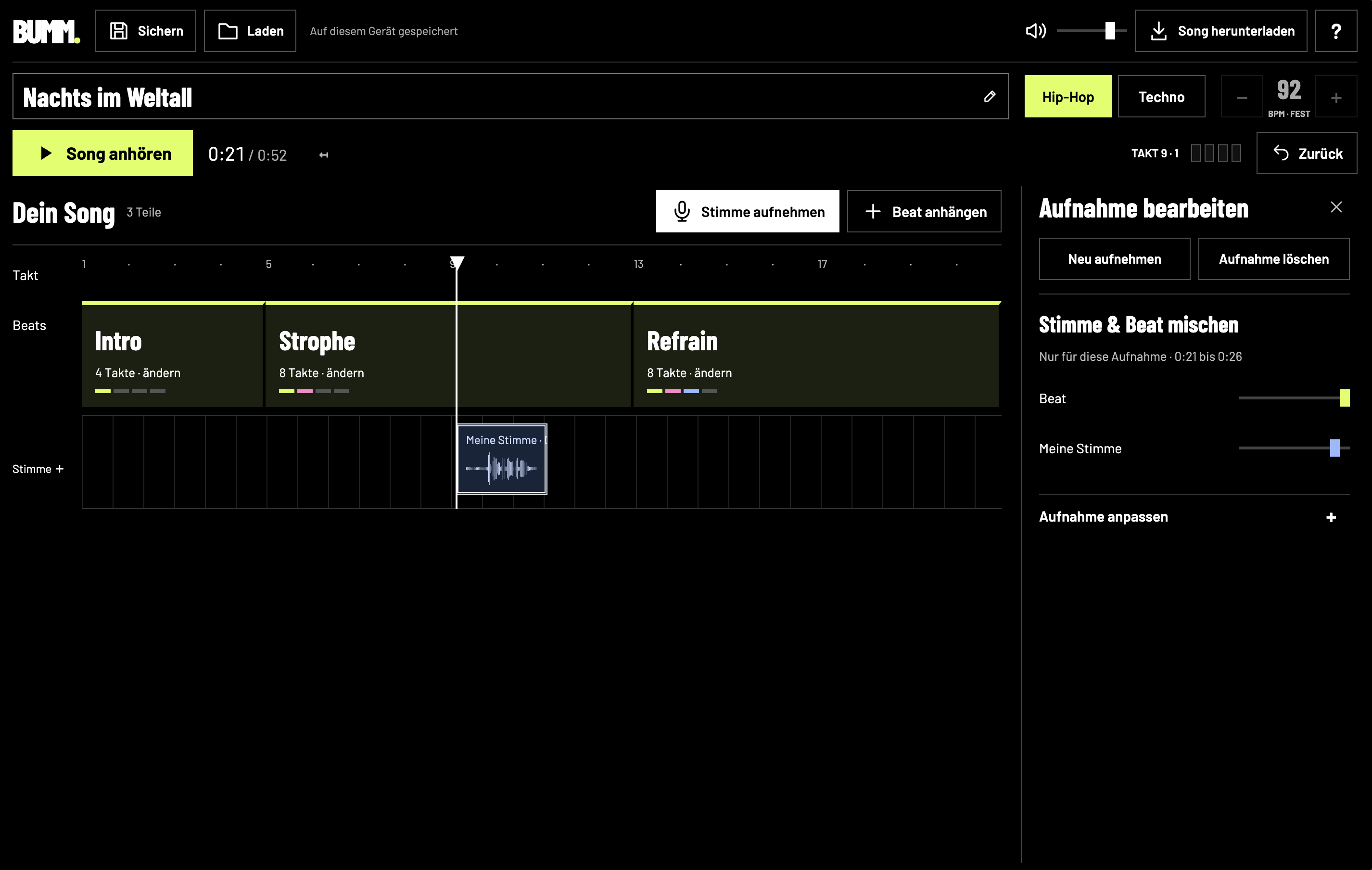 BUMM, a small beat studio for kids: arrange intro, verse and chorus, record your voice on top