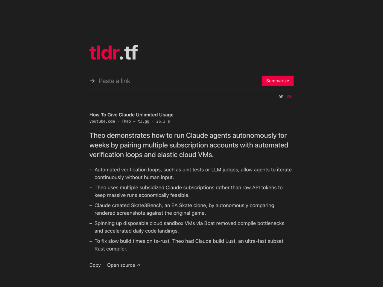 tldr.tf mit einer Zusammenfassung von Theos Video “How To Give Claude Unlimited Usage”